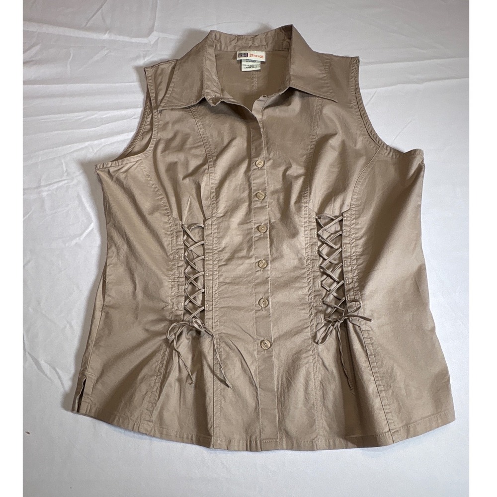 Faded Glory Tan Khaki Sleeveless Lace Up Corset Button Down Top Large 12/14